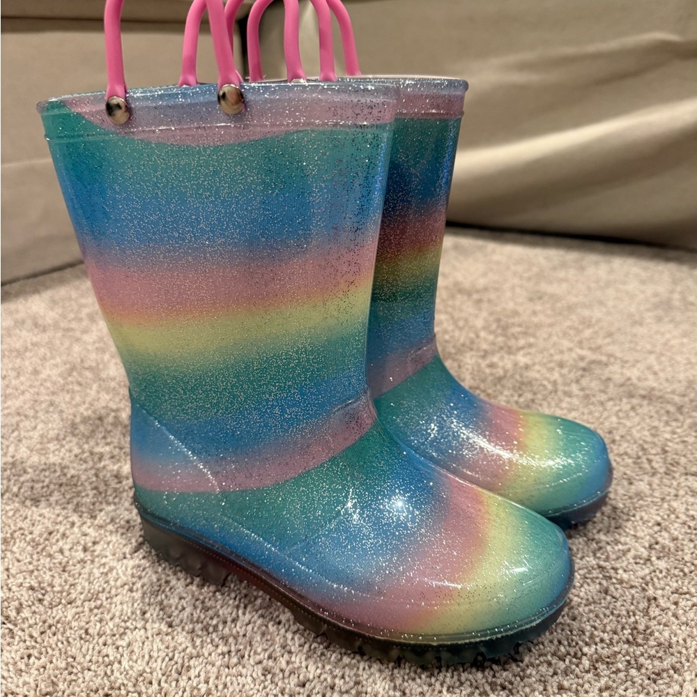 Kids Rainbow Glitter Rain Boots with Pink Handles new without tags